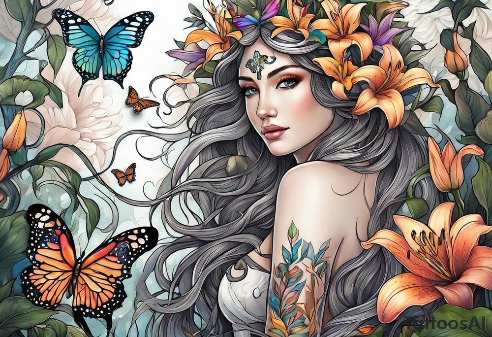 Wood nymph made or bark and branches standing upright. Butterflies in background. Lillies near her feet with colorful vegetation. tattoo idea