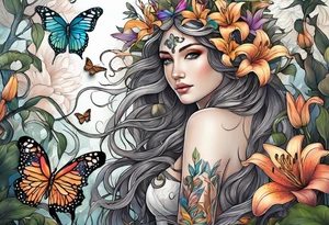 Wood nymph made or bark and branches standing upright. Butterflies in background. Lillies near her feet with colorful vegetation. tattoo idea