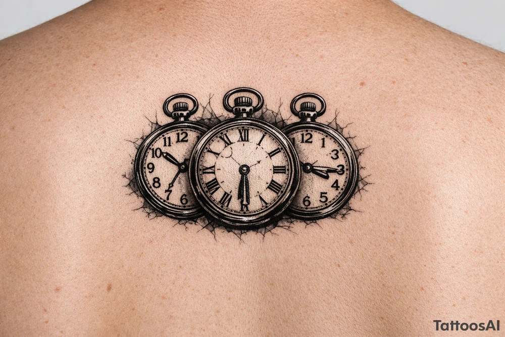 Three vintage pocket watches, open faces, showing different times. tattoo idea