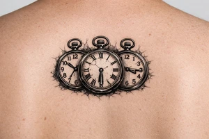 Three vintage pocket watches, open faces, showing different times. tattoo idea
