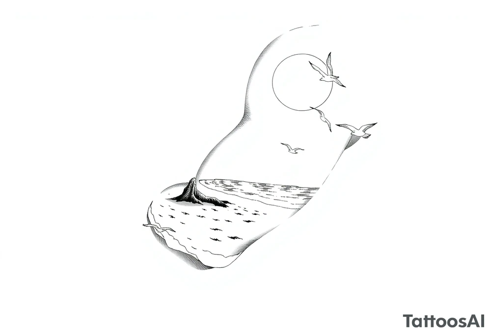 fine line, peaceful, serene, timeless, ocean, sand, palm tree, seagulls, sun tattoo idea