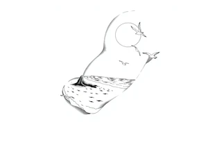 fine line, peaceful, serene, timeless, ocean, sand, palm tree, seagulls, sun tattoo idea