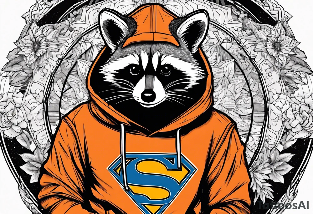 Raccoon wearing an orange Superman hoodie tattoo idea