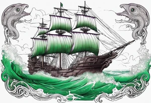 Purple and green squid  breaking brown ship tattoo idea
