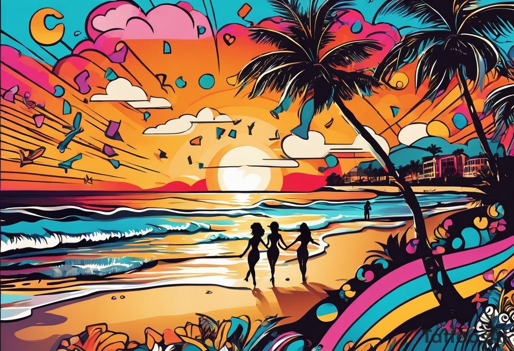 1960'S BEACH DANCE PARTY 
party, include confetti, music notes, 
, bikinis sunset in the center tattoo idea