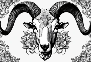 Manly big horn sheep skull on chest black and white realistic Shetland sheep skull with big horns for chest tattoo idea