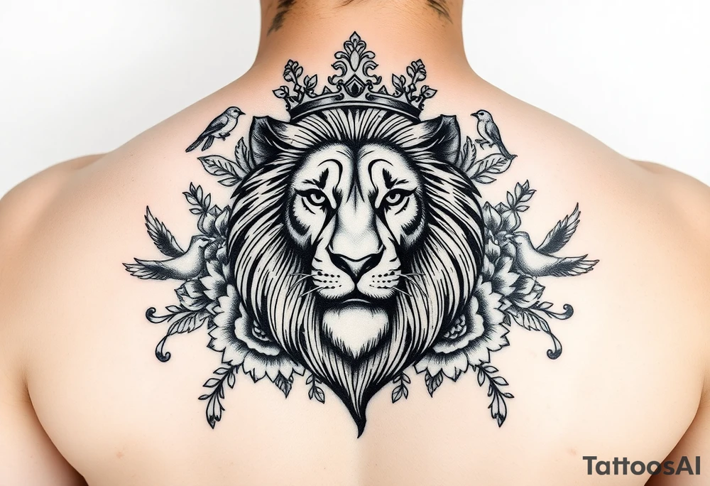 powerful majestic lion with a crown, surrounded by floral ornaments and birds tattoo idea