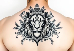 powerful majestic lion with a crown, surrounded by floral ornaments and birds tattoo idea