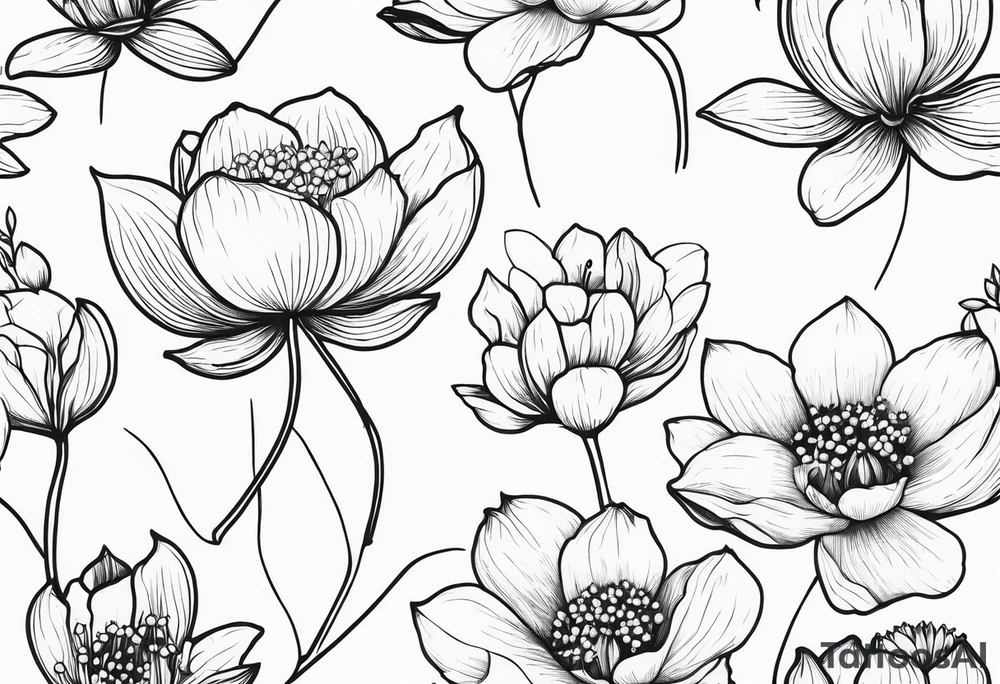 Thin line small lotus dogwood lily of the valley and peony wildflower bouquet tattoo idea