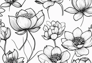 Thin line small lotus dogwood lily of the valley and peony wildflower bouquet tattoo idea