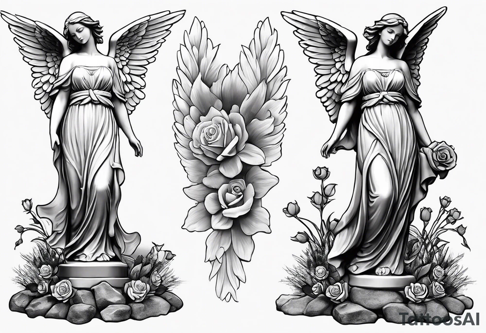 Simple Angel statue stood on a rock with daffodils and roses wrapped around its legs tattoo idea