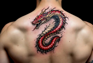 A scarlet red cobra, poised to strike, with golden hood markings and obsidian eyes. tattoo idea