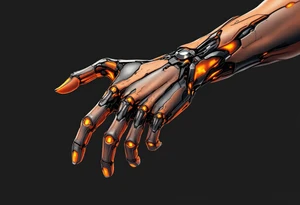 A half-human, half-robot hand in skin-tone fading into steel grey with glowing orange veins. tattoo idea
