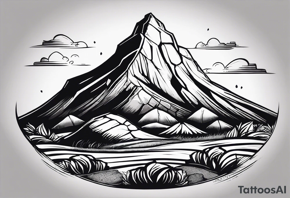 Create a tattoo of a flat topped rock Ebenezer with a base under the ground line that is pointed and deep, surrounded by freshly tilled and raked soil ready to be planted and under ground in front of the rock, a seed planted and pushing through the soil tattoo idea