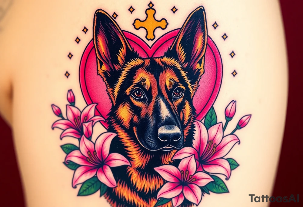 realistic german shepherd with alert ears looking protective surrounded by pink lilies with leaves in front of a sacred heart tattoo idea