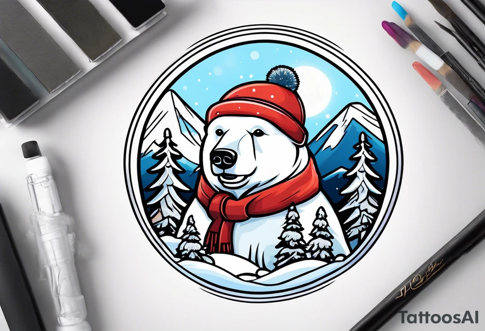 Polar bear with a winter hat and goggles standing in front of a mountain inside a snow globe tattoo idea