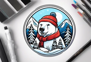 Polar bear with a winter hat and goggles standing in front of a mountain inside a snow globe tattoo idea