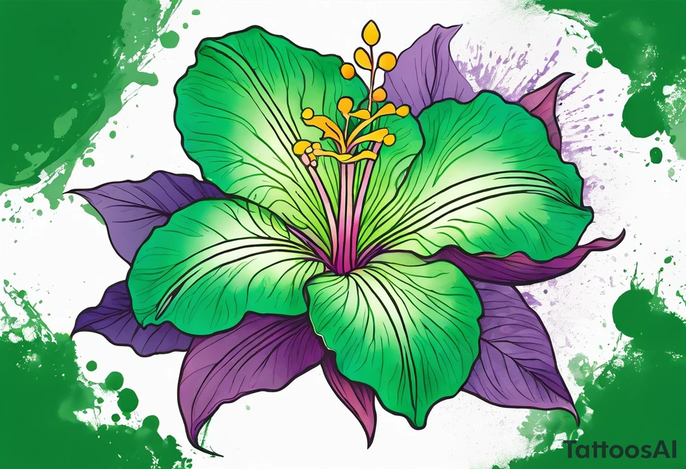 An outline of a green rio dipladenia flower and a green and purple watercolor splash in the background tattoo idea