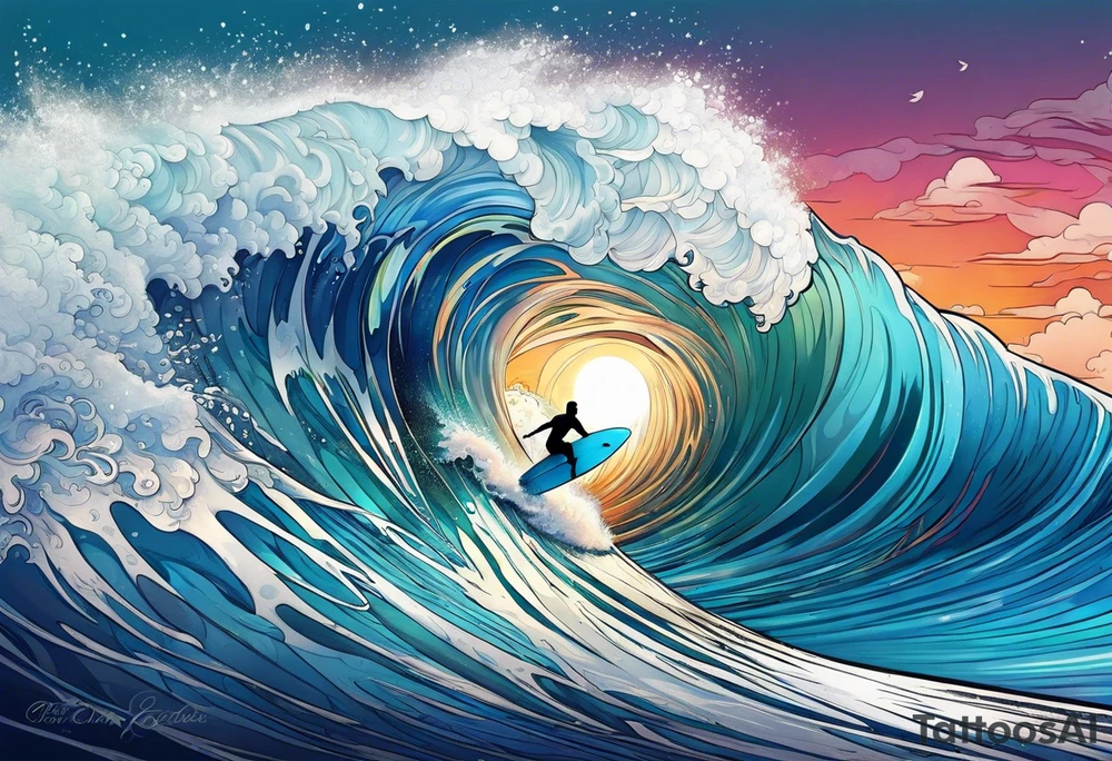 Surfing wave tattoo idea