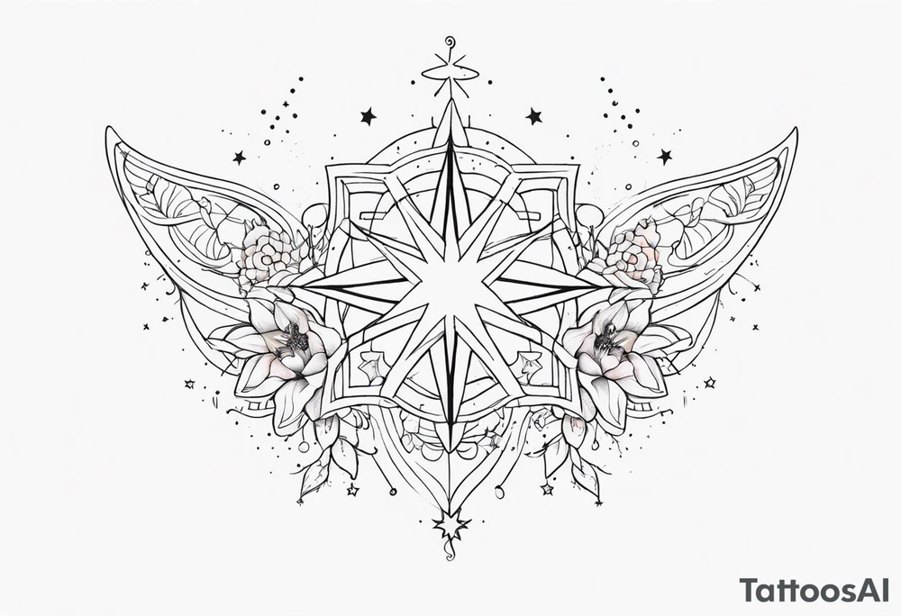 fine line with stars, floral, dots. Sternum tattoo tattoo idea