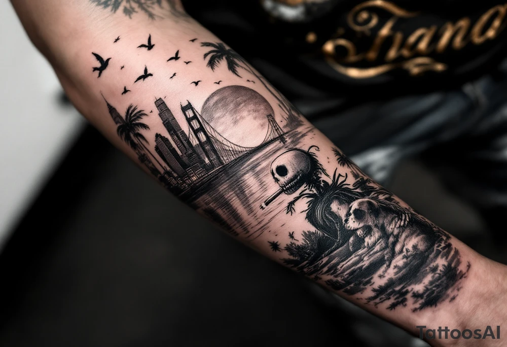 jack skellington with dog,smoking a blunt and fishing,surrounded by city buildings,golden gate bridge, birds, palm trees, tattoo idea