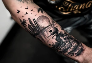 jack skellington with dog,smoking a blunt and fishing,surrounded by city buildings,golden gate bridge, birds, palm trees, tattoo idea