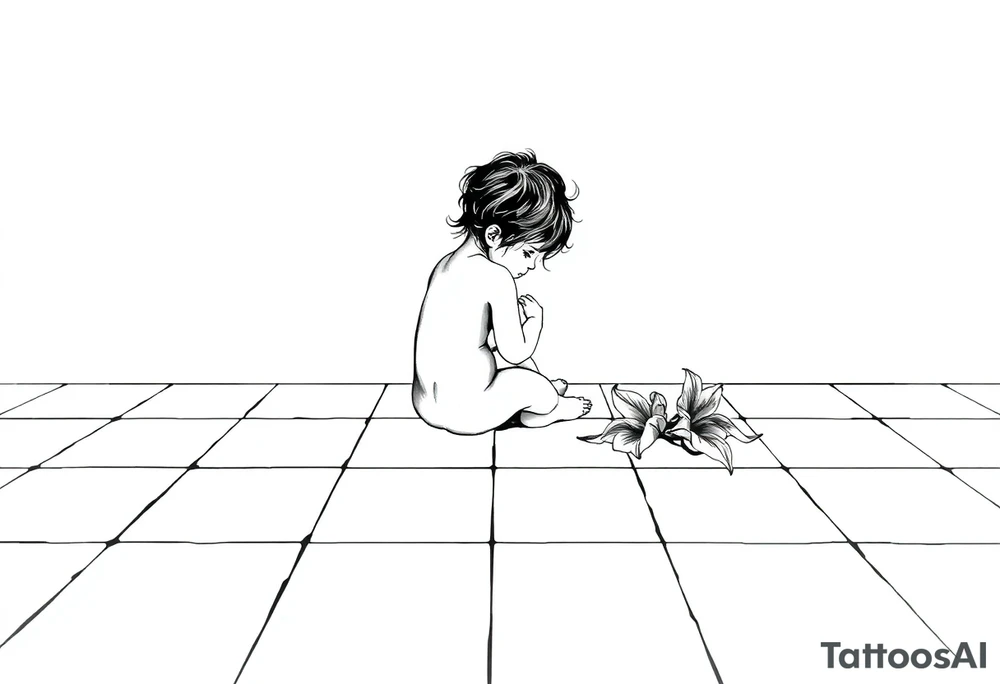 A simple tile floor with a minimalist silhouette of a curled up child sitting on the floor with a lily next to her tattoo idea