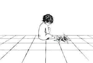 A simple tile floor with a minimalist silhouette of a curled up child sitting on the floor with a lily next to her tattoo idea