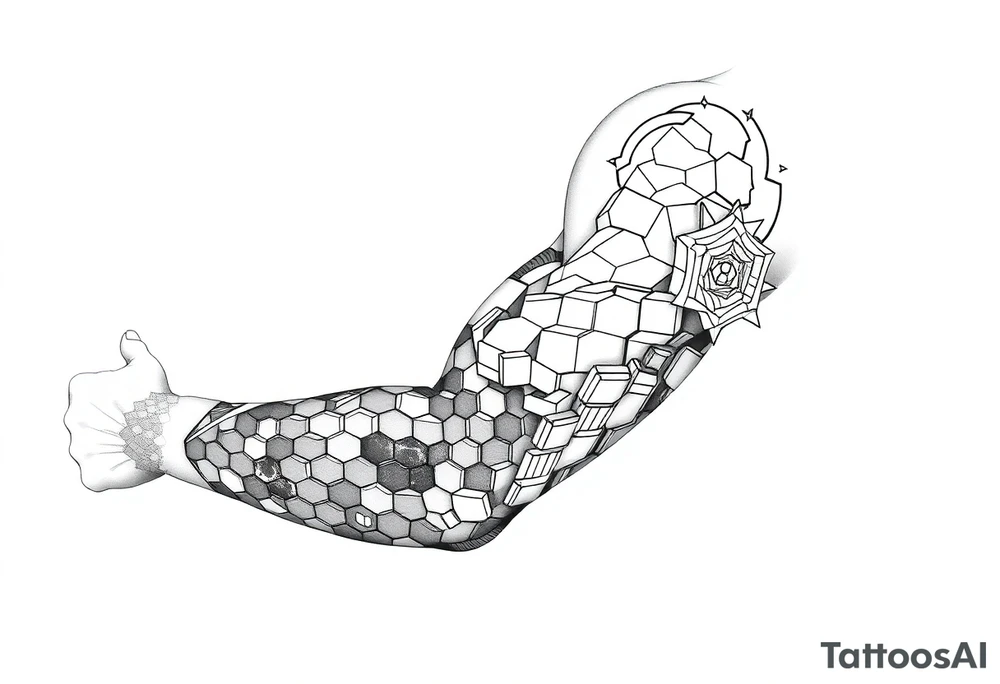 design a full “sleeve” tattoo that consists of a base layer of abstract hexagon pattern overlaid with a little blackwork abstract while incorporating the top tattoo and integrating slight biomech designs tattoo idea