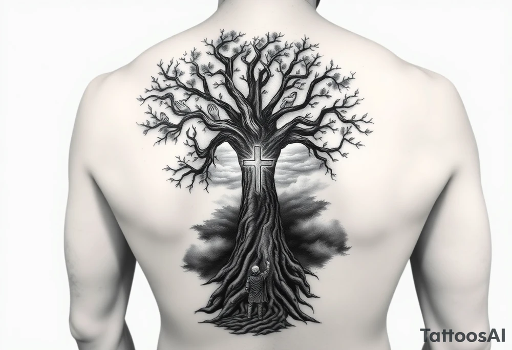 A highly detailed black and grey realism tattoo sleeve design that tells a story of faith, family, and perseverance. A large, deeply rooted tree with strong branches represents family and growth. Within the bark of the tree, hidden images of hands clasped together and a father guiding a child can be seen. A distant cross glows subtly through a stormy sky, symbolizing divine guidance. A warrior stands at the base of the tree, looking toward the cross, representing endurance through hardship. The design blends realism and abstract elements, with deep shadows at the base fading into light near the shoulder. tattoo idea