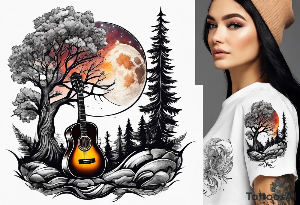 design moon tree campfire guitar playing tattoo idea