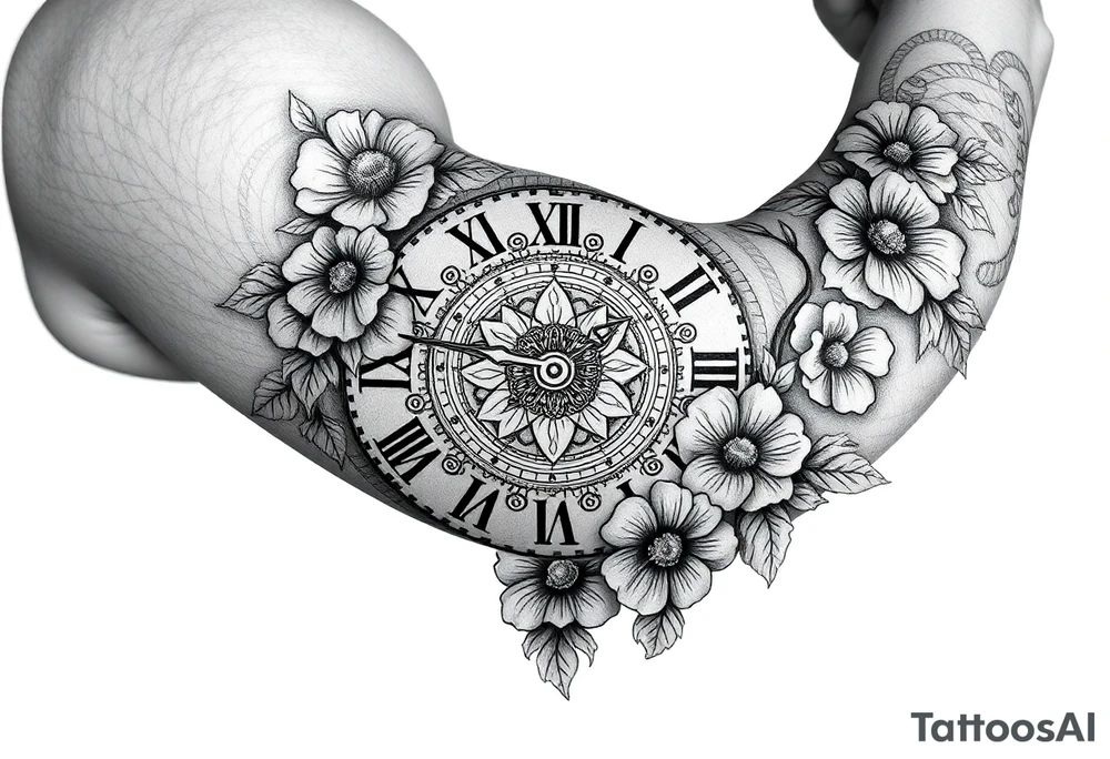 vintage roman numerals within ornate clockwork mechanism, with name spaces, flowers tattoo idea