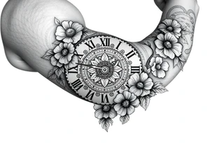 vintage roman numerals within ornate clockwork mechanism, with name spaces, flowers tattoo idea