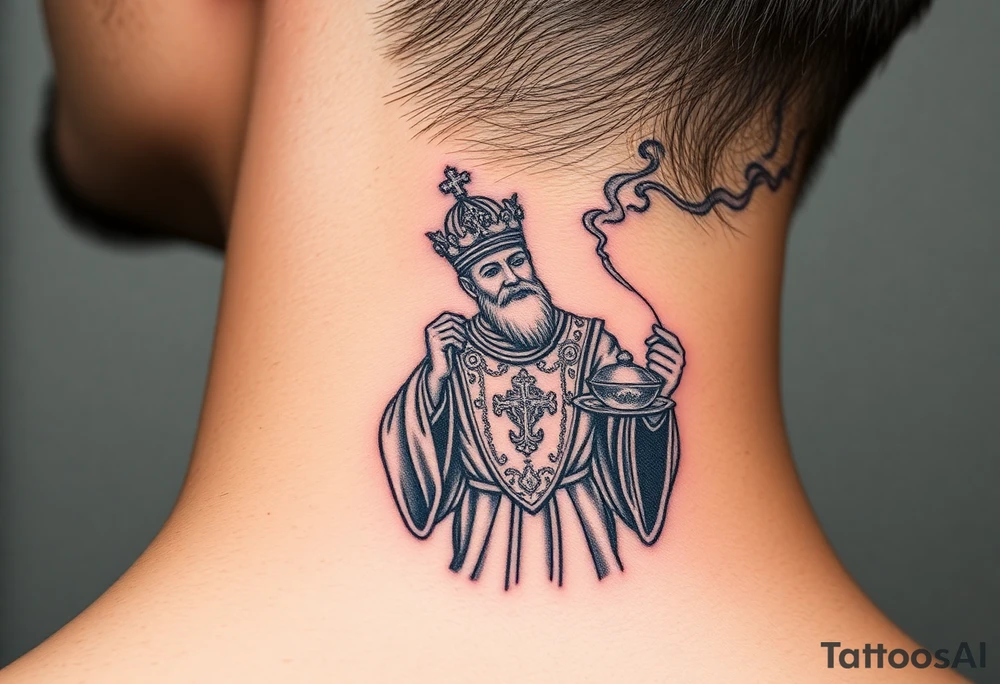Russian Orthodox Priest in a fully detailed gold vestment swinging a censer with smoke curling upward tattoo idea