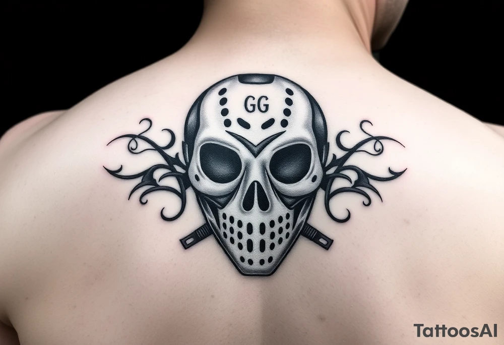 Skull with hockey mask initials GG tattoo idea