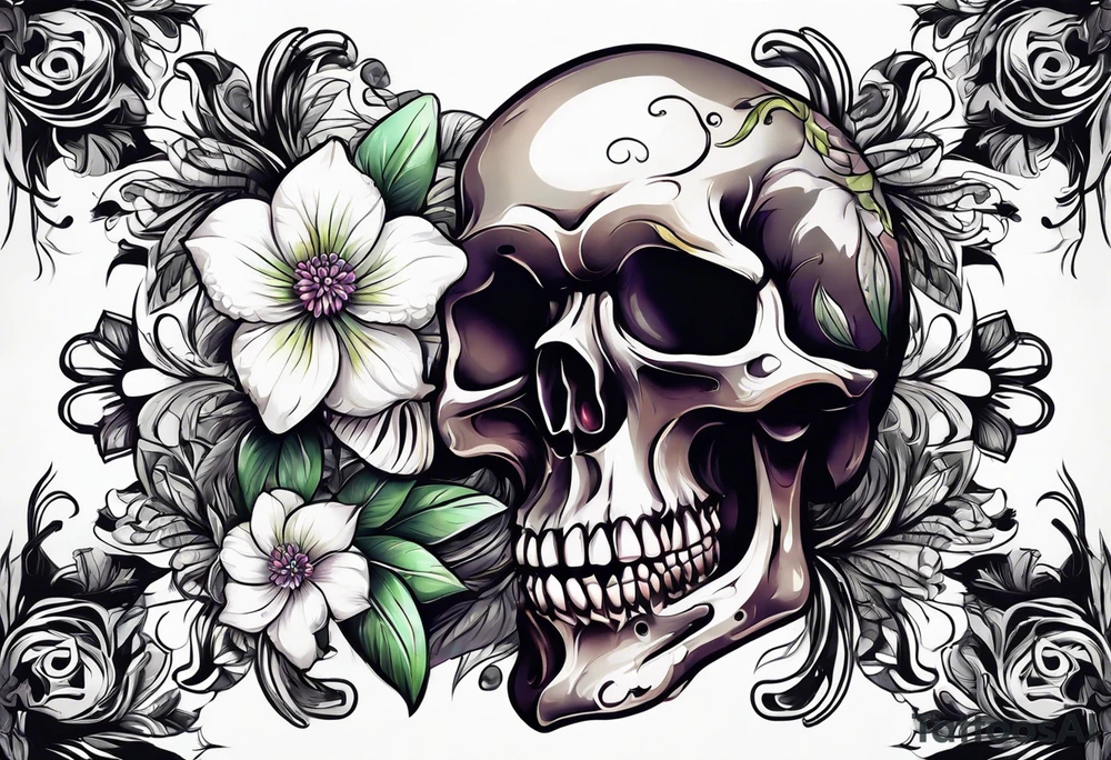 skull with one flower growing out of its head tattoo idea