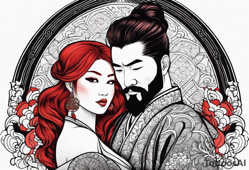 Busty Red haired woman with black haired bearded man tattoo idea