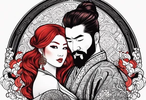 Busty Red haired woman with black haired bearded man tattoo idea