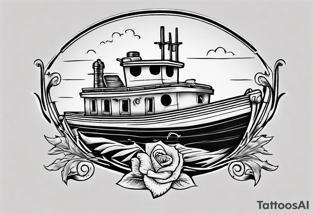 memorial tattoo for my father. include an open boat and motor with dad at the engine and a boy in the front of the boat. try to tie in other hobbies like playing cribbage, woodworking, and watching jeopardy tattoo idea