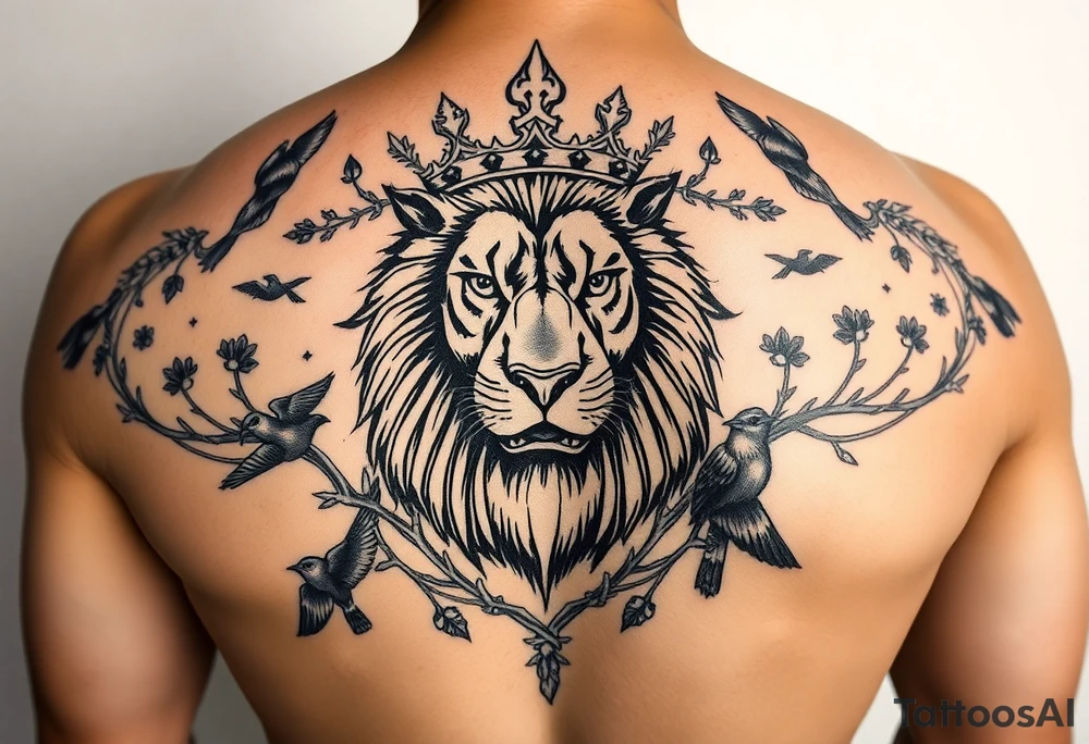 powerful majestic lion with a crown, surrounded by thorns and forestry ornaments and birds tattoo idea