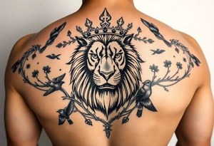 powerful majestic lion with a crown, surrounded by thorns and forestry ornaments and birds tattoo idea