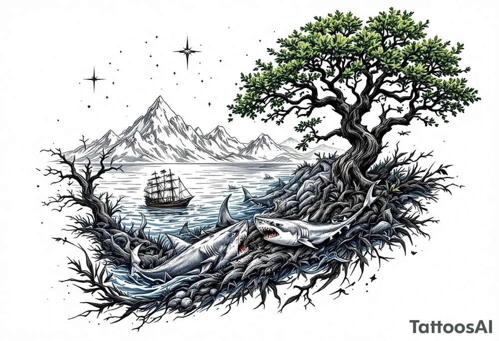 tattoo that has an acacia tree with mountains, ocean with a ship wreck with sharks and the northern star tattoo idea