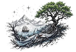 tattoo that has an acacia tree with mountains, ocean with a ship wreck with sharks and the northern star tattoo idea