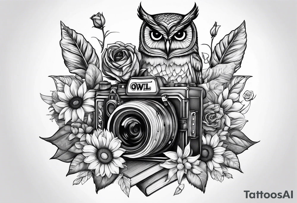Sunflower, camera, book, owl, flower rose tattoo idea