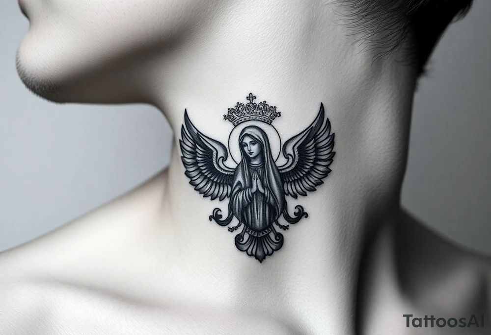 russian coat arms in a christian orthodox style virgin mary on the side of the neck tattoo idea