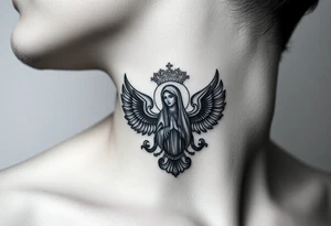 russian coat arms in a christian orthodox style virgin mary on the side of the neck tattoo idea