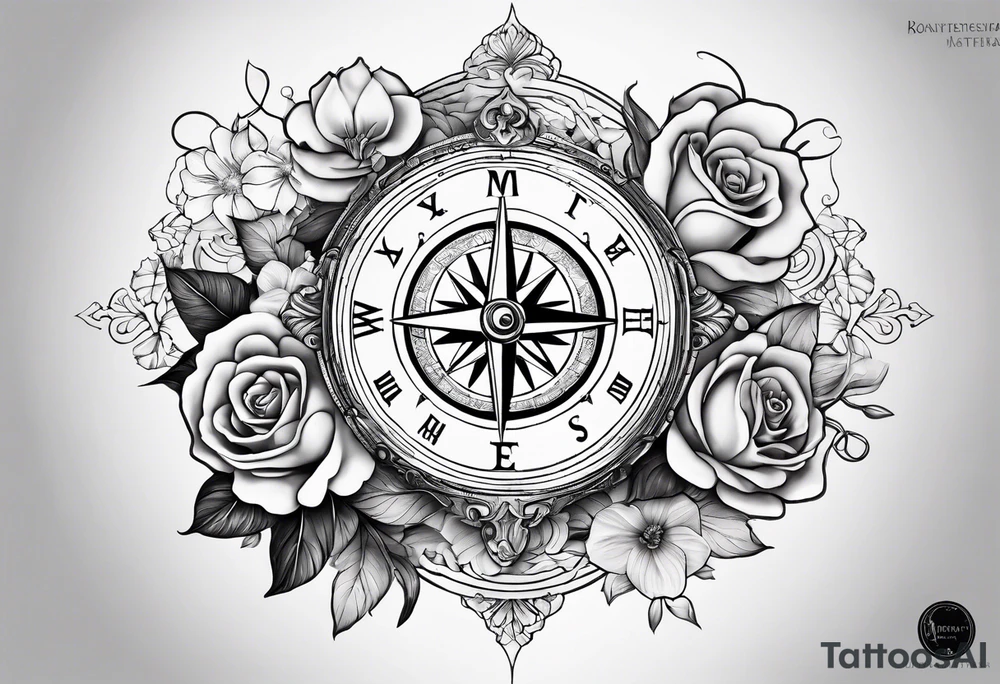 Compass with mountains and moons and flowers like roses or orchids tattoo idea