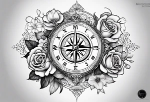 Compass with mountains and moons and flowers like roses or orchids tattoo idea