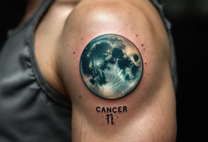 The Cancer stars constellatiob in gold over a moody teal moon, with the Cancer symbol etched in black beneath. tattoo idea