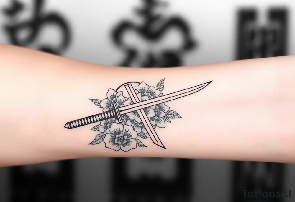 Masculine Japanese sword with flowers around it forearm tattoo idea